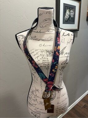 Patricia Nash Navy Floral Lanyard with Gold Hardware